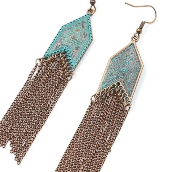 Bohemian Turquoise Bronze Tassel Drop Earrings - Picture 5 of 6